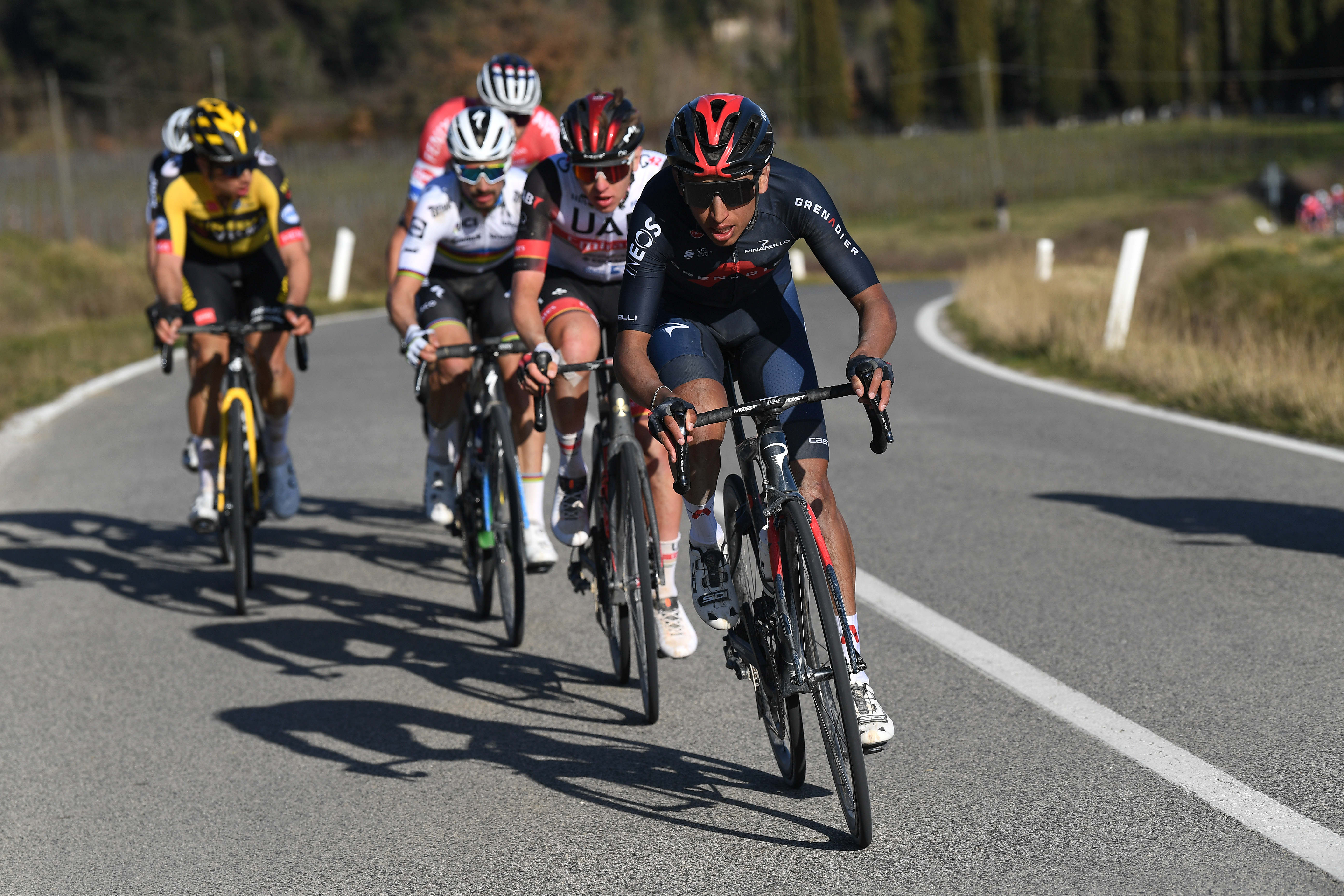 SIENA, ITALY - MARCH 06: Egan Arley Bernal Gomez of Colombia and Team INEOS Grenadiers, Tadej Pogacar of Slovenia and UAE Team Emirates, Wout Van Aert of Belgium and Team Jumbo - Visma &amp;amp; Julian Alaphilippe of France and Team Deceuninck - Quick-Step during the Eroica - 15th Strade Bianche 2021, Men's Elite a 184km race from Siena to Siena - Piazza del Campo / Breakaway / #StradeBianche / on March 06, 2021 in Siena, Italy. (Photo by Tim de Waele/Getty Images)