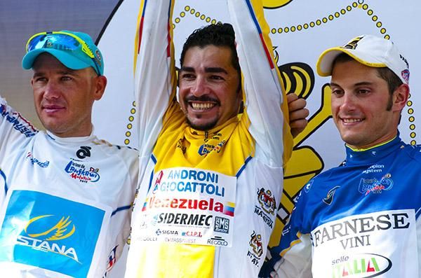 Jersey winners (l-r): Alexandr Dyachenko (Astana, Best Asian rider), Jose Serpa (Androni Giocattloi, Tour winner and KOM) and Andrea Guardini (Farnese Vini, Sprint Points).