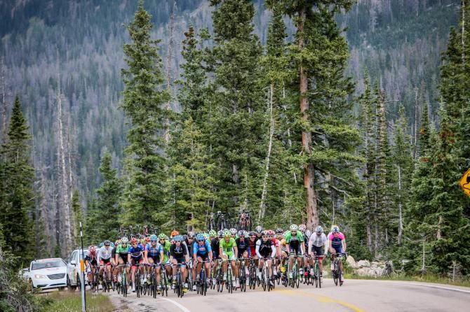 The peloton sticks together on todays long climb.