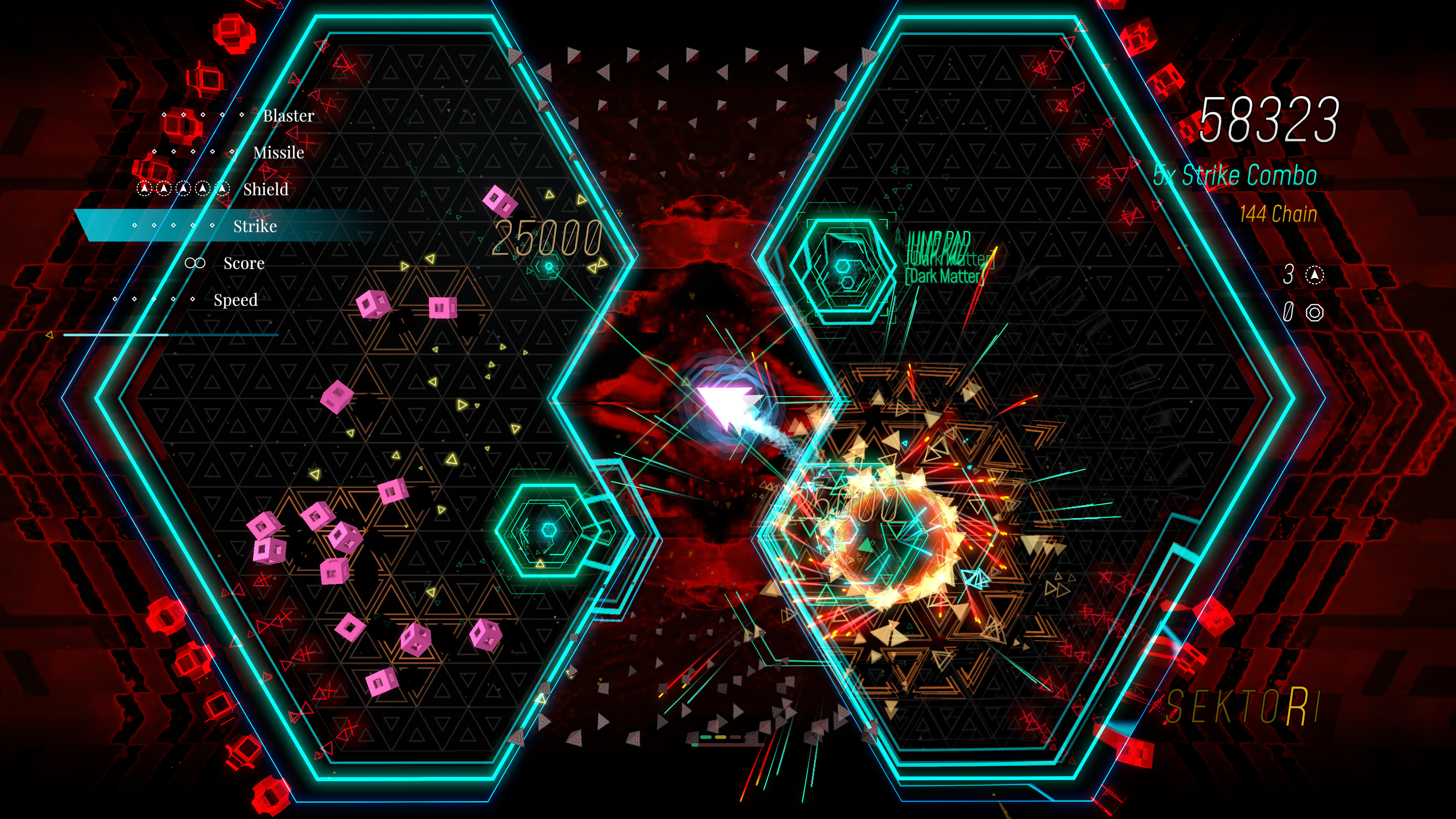 An arrow-shaped spaceship blasts across a kaleidoscopic arena filled with deadly shapes in Sektori.