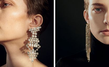 Left, earrings, £885, by Lanvin. Right, earrings, £1,025, by Saint Laurent by Anthony Vaccarello. Hair: Takuya Uchiyama. Make-up: Nicola Moores-Brittin at Coffin Inc using Kiehl’s. Model: Naomi van Kampen at Milk Management