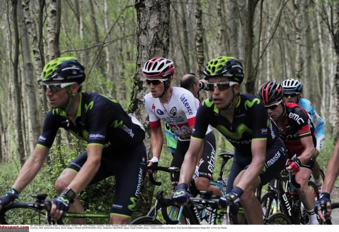 Michal Kwiatkowski (Omega Pharma Quick Step) flanked by Movistar riders