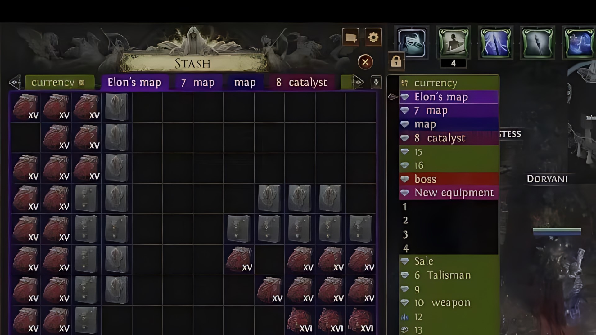 Stash tabs on Path of Exile 2 showing tabs 'Currency, Elon's Map, 7 map, map, catalyst."