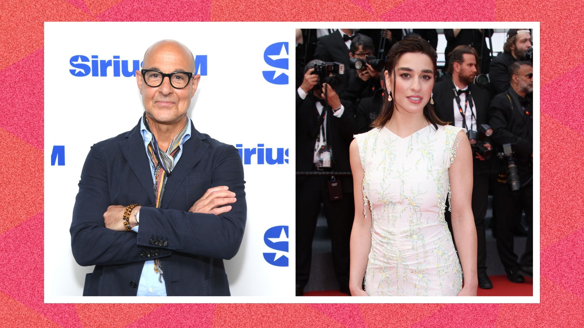 red carpet images of stanley tucci and simona tabasco spliced together against a pink patterned background