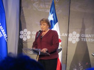 Chilean President Michelle Bachelet speaks at the groundbreaking ceremony for the Giant Magellan Telescope on Nov. 11, 2015.