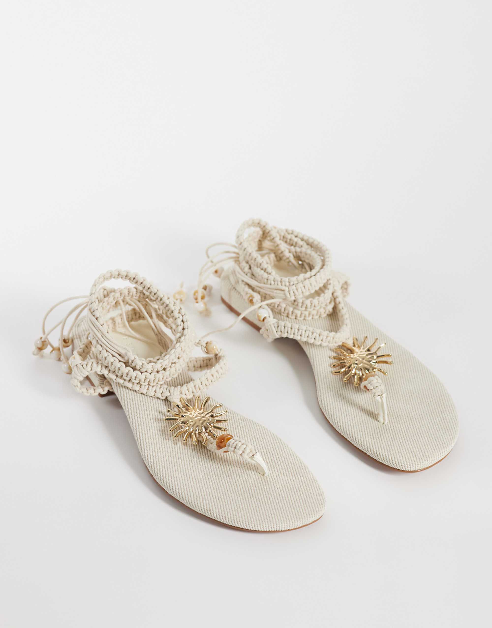 Asos Design Fernanda Rope Beaded Hardware Flat Sandals in Natural