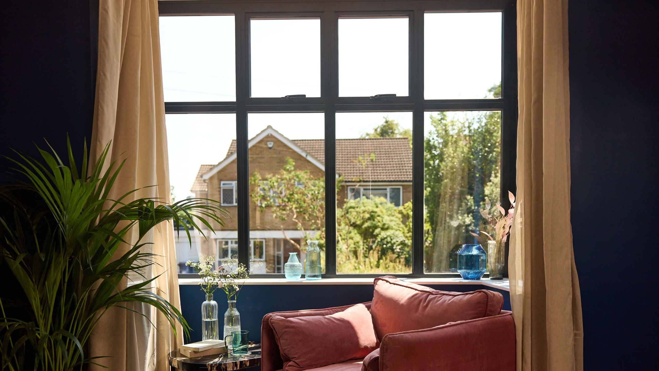 Aluminium window frames as seen from inside living room