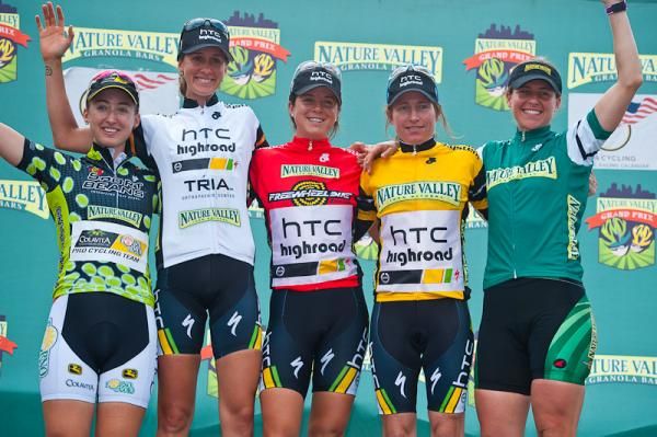 The final jerseys of the 2011 NVGP: Sport Beans Queen of the Hill/Wheaties Fuel Top Sprinter Leah Kirchman (Colavita/Formo d'Asolo p/b Cooking Light), TRIA Best Young Rider Ally Stacher (HTC Highroad), Freewheel Bike Most Aggressive Evelyn Stevens (HTC Highroad), Nature Valley Race Winner Amber Neben (HTC Highroad), Nature Valley Top Amateur Jade Wilcoxson (NVGP Pro Ride)