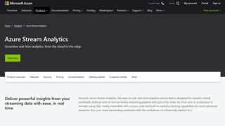 Azure's stream analytics homepage