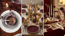 Harvest table layout inspiration from Florenca Casa e Decor, Blue Pheasant, Bed Threads showing berry reds, candles, and natural textures