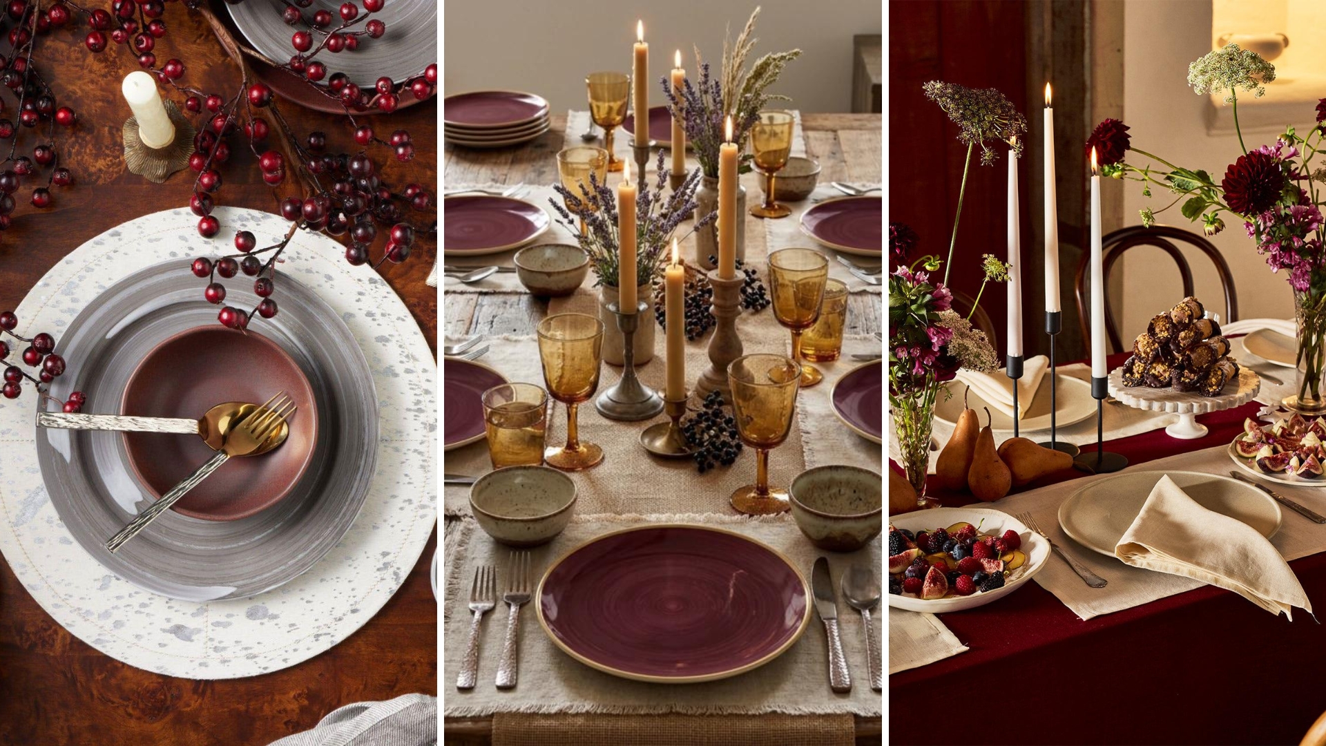 Harvest table layout inspiration from Florenca Casa e Decor, Blue Pheasant, Bed Threads showing berry reds, candles, and natural textures