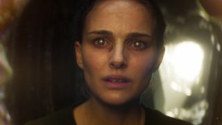 Natalie Portman as Lena in Annihilation (2018), staring into the void of the chimera.