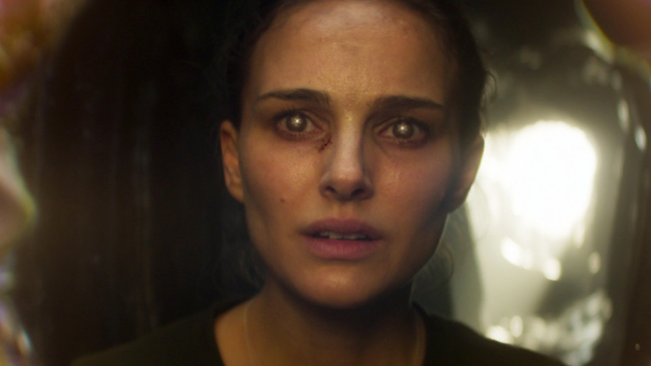 Natalie Portman as Lena in Annihilation (2018), staring into the void of the chimera. 
