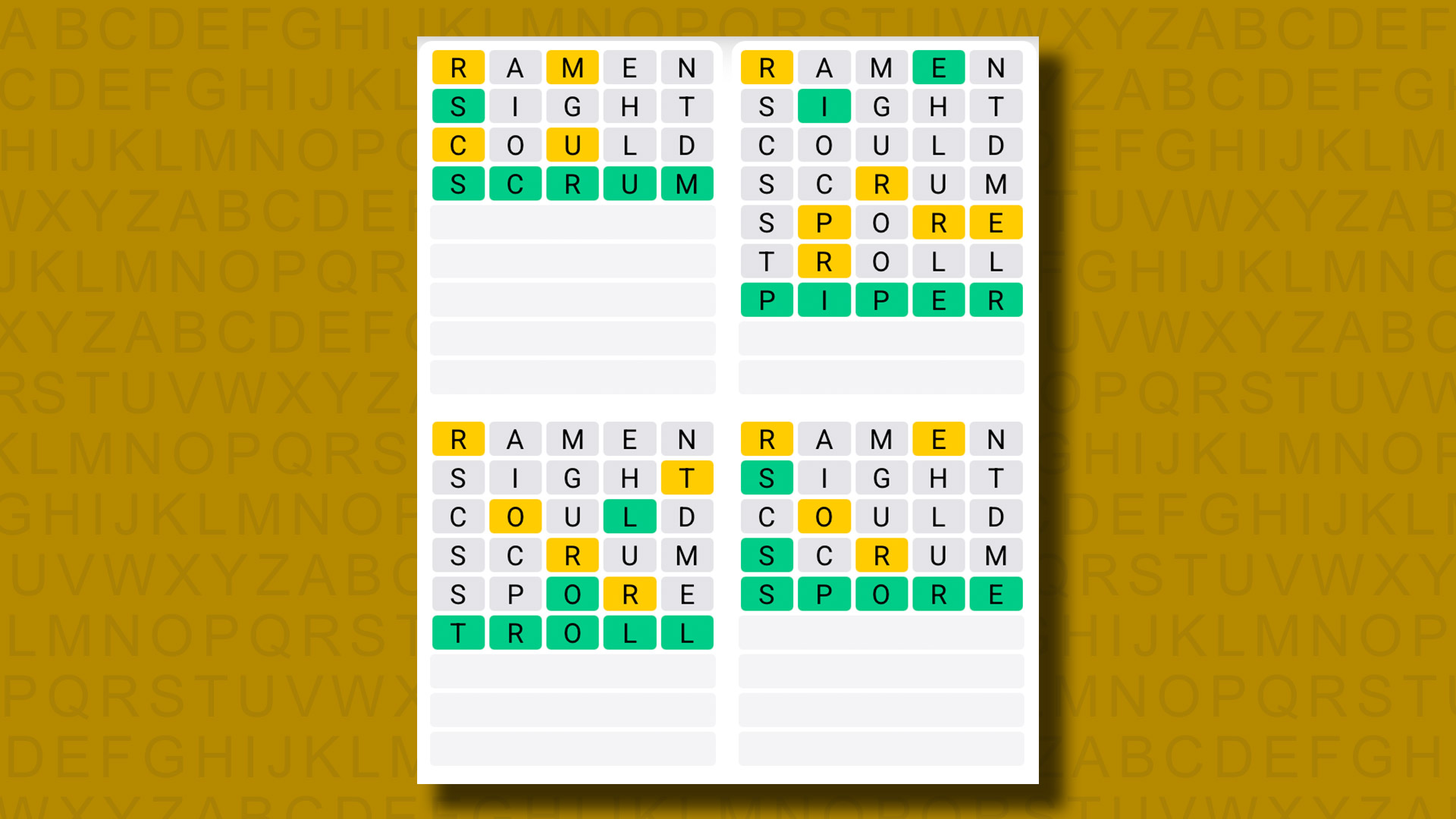 Quordle answers for game 1294 on a yellow background
