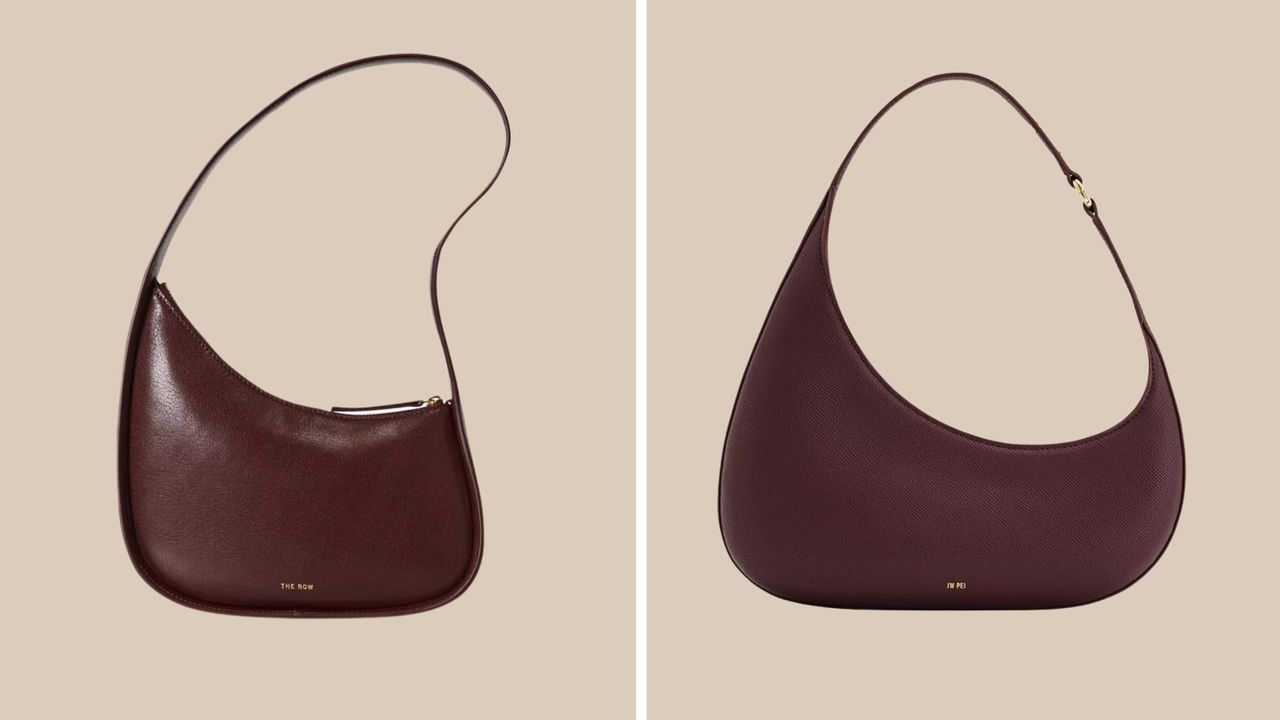 Two flat lay images of brown handbags 