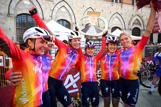 SD Worx celebrate a one-two at Strade Bianche, one of many wins for the team this spring