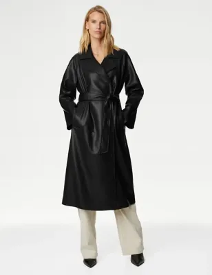 Faux Leather Belted Trench Coat
