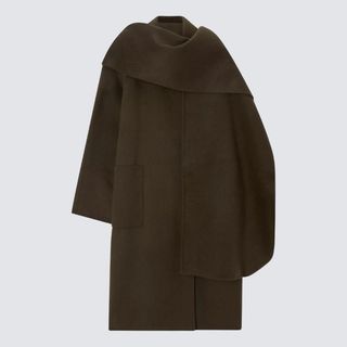 A cut out of a khaki scarf coat from John Lewis on a white background