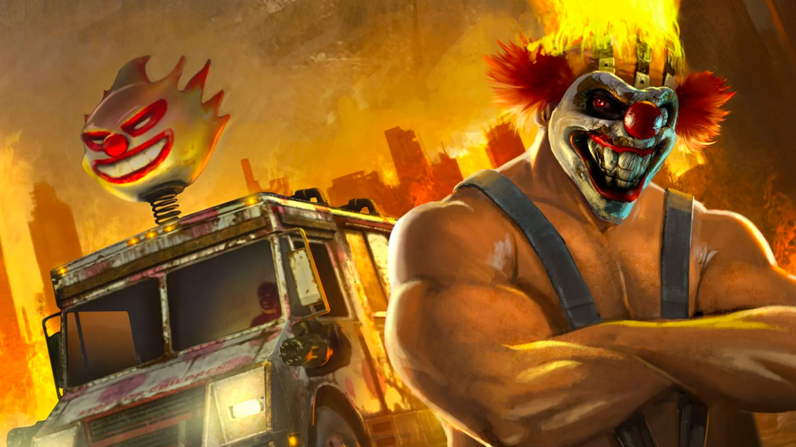 PlayStation Showcase 2023; artwork of a man with a burning hat from the game Twisted Metal