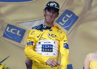 Andy Schleck (Saxo Bank) dons the yellow jersey for the first time in his career.