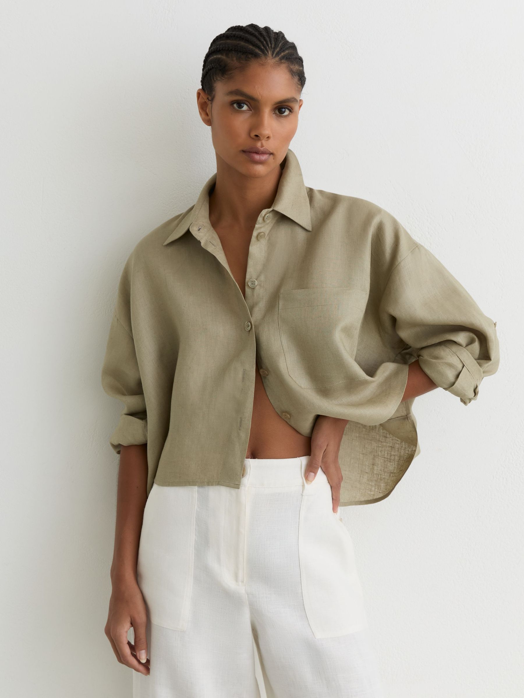 Linen Oversize Cropped Shirt in Green