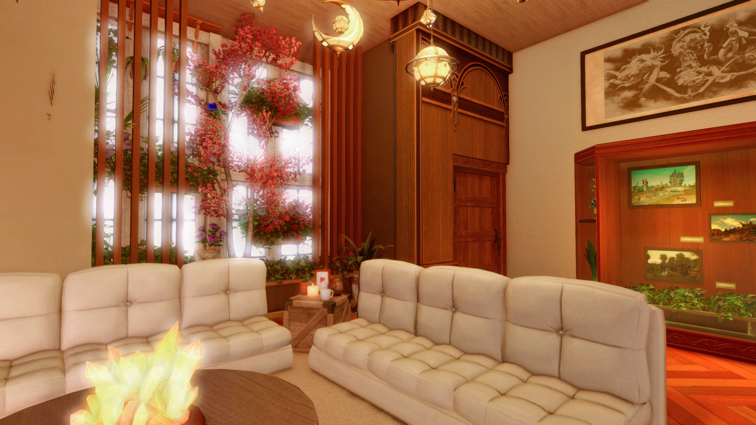 Logement Final Fantasy 14, espace de vie avec canapés, grandes fenêtres et beaucoup de plantes