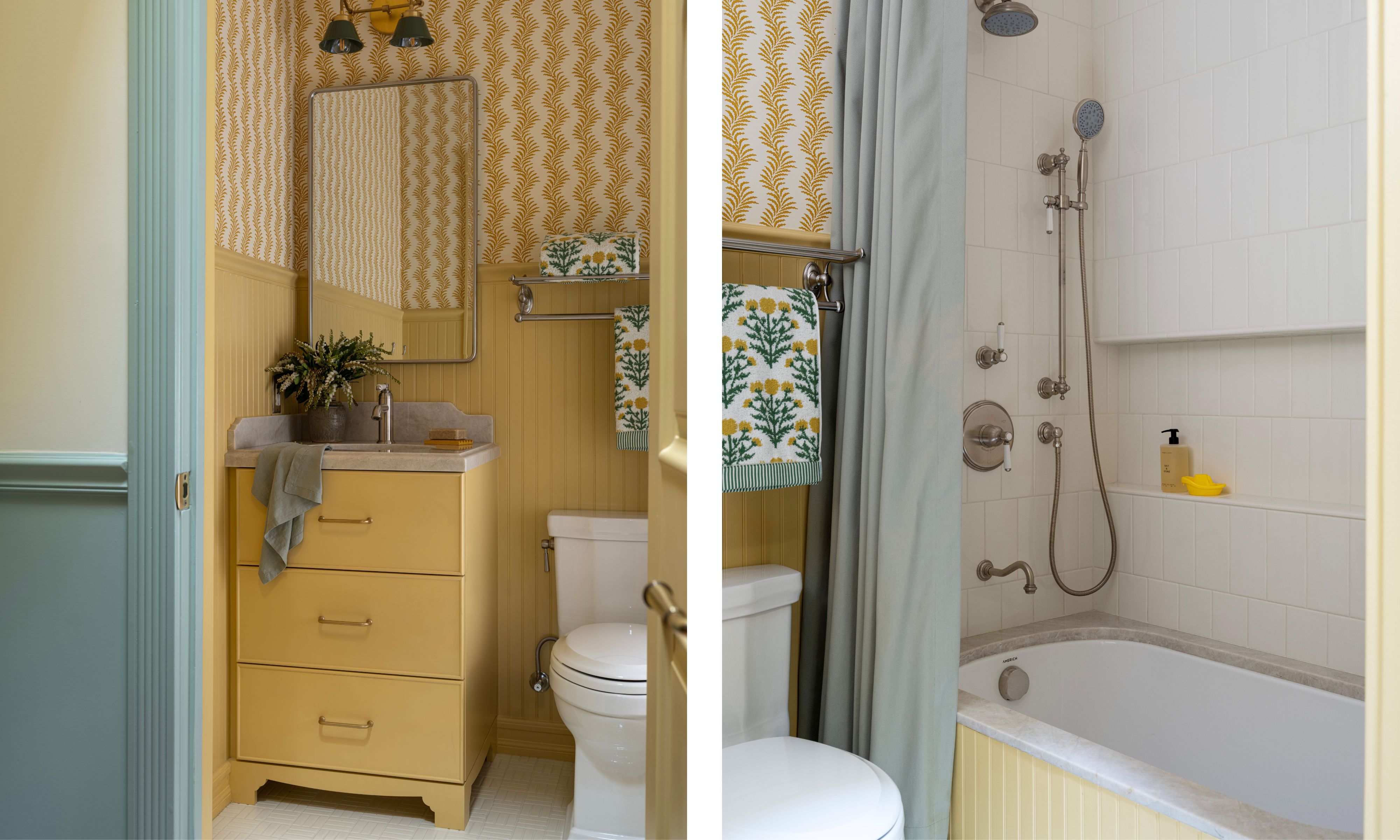 Split image: On the left, a yellow bathroom with patterned wallpaper and a vanity next to a toilet; on the right, a white tiled bathtub and shower area with yellow wainscoting.