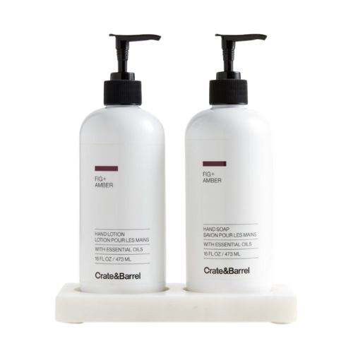 Crate &amp;amp; Barrel, Fig + Amber Hand Soap and Lotion Set with White Marble Caddy