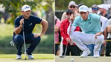 (left) Patrick Reed crouches down behind a putt while Carlos Ortiz does the same thing (right)