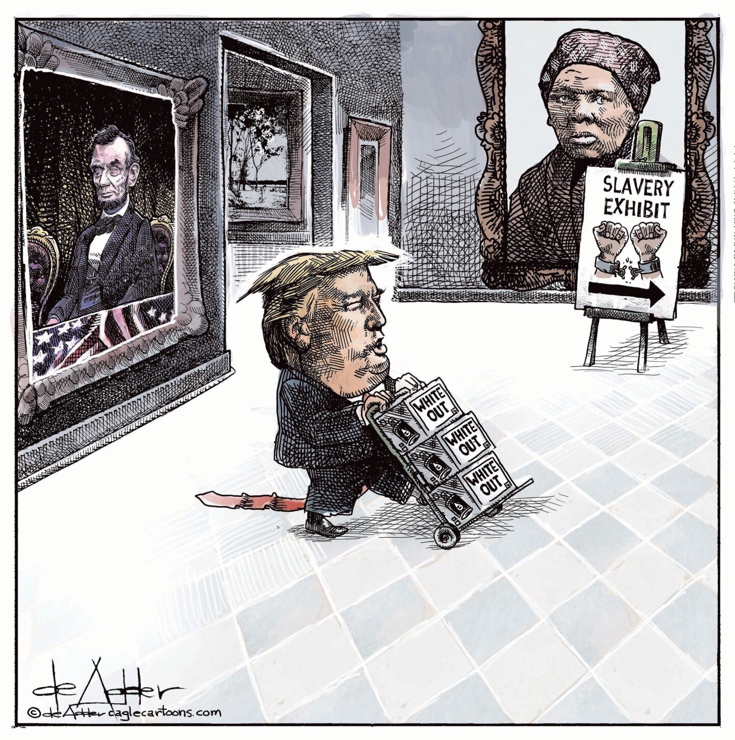 In this cartoon, Donald Trump pushes a dolly through the Smithsonian that holds three boxes labeled “White Out”. He pushes it past paintings of Abraham Lincoln and an enslaved woman toward a sign that reads “Slavery Exhibit”.