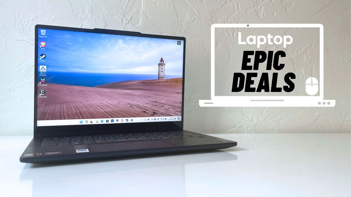 The Lenovo IdeaPad 5 2-in-1 with lid open on a white table beside a Laptop Mag deals icon