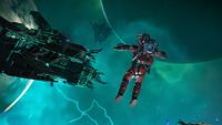 No Man's Sky screenshot showcasing a character floating in space next to a ship