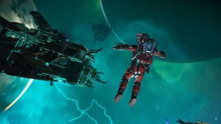 No Man's Sky screenshot showcasing a character floating in space next to a ship