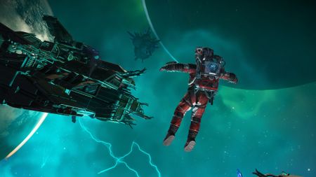 No Man's Sky screenshot showcasing a character floating in space next to a ship