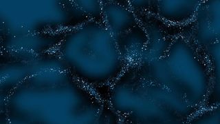 A series of blue sparkling webs create a tangle of threads across a dark blue background, symbolizing dark matter in the universe. 