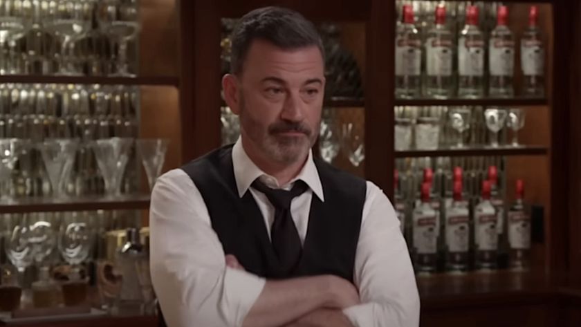 Jimmy Kimmel dressed as bartender with arms folded in Jimmy Kimmel LIve! segment