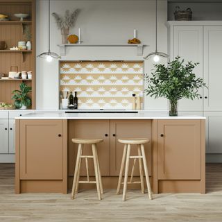 terracotta and light grey kitchen with island