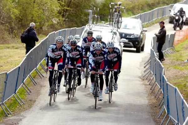 Lotto Belisol riders check out the key La Redoute climb on the Liege-Bastogne-Liege parcours.
