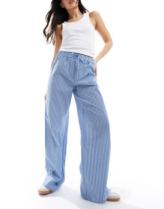 Asos Design Wide Leg Cotton Poplin Trouser in Blue Stripe