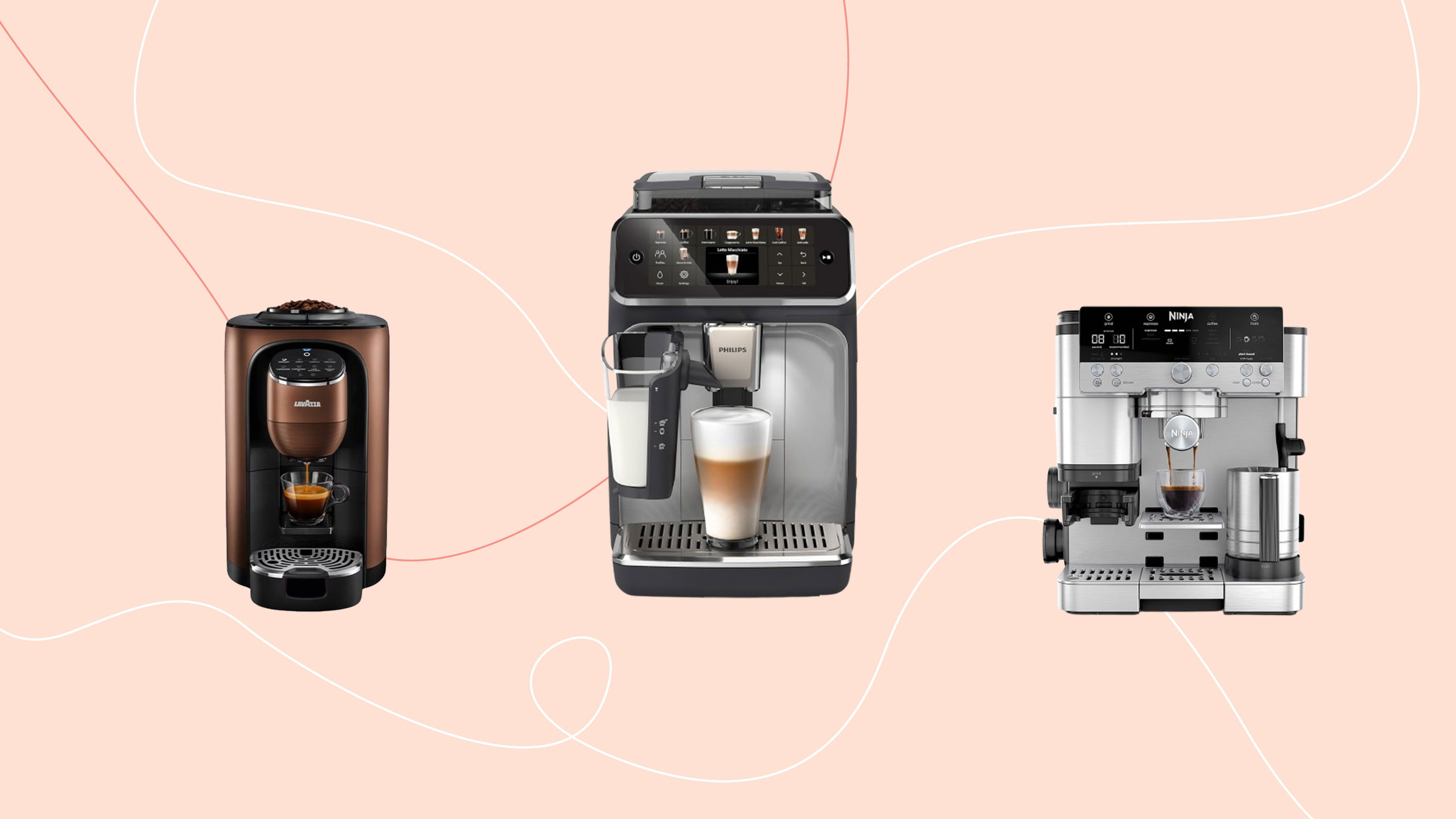 Three bean to cup coffee machines cut out on a pink backdrop