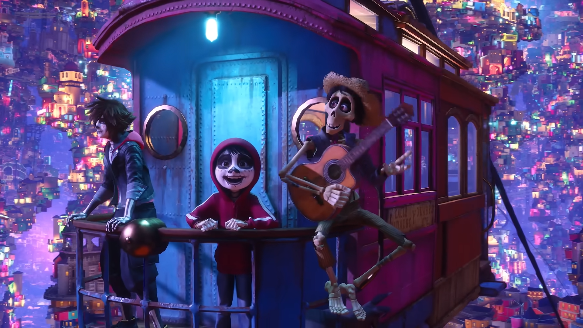 Kingdom Hearts 4 screenshot showing Sora, Coco, and Hector riding a cable car