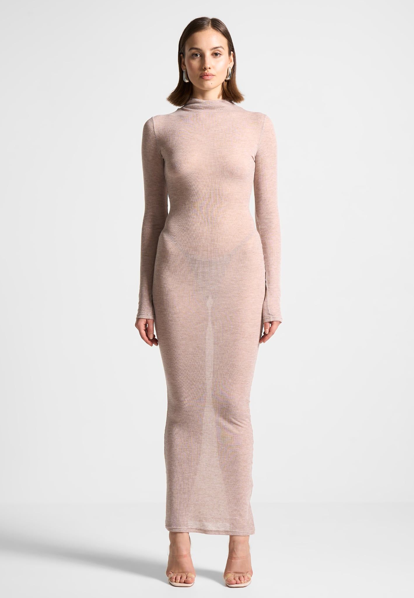 Éternelle Mock Neck Sheer Midaxi Dress - Beige