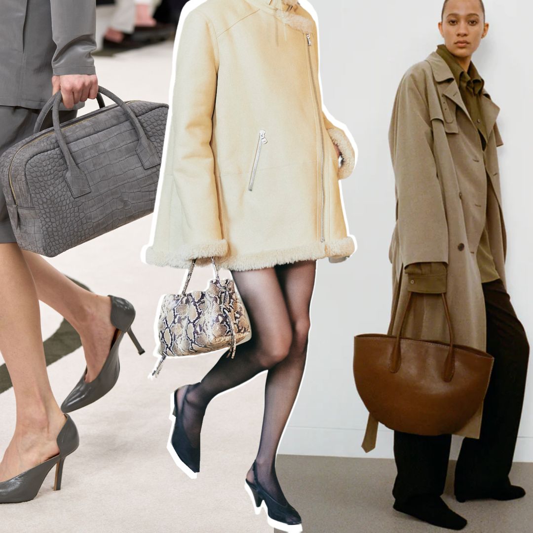 a collage of fall 2025 bag trends at Chloé, Fendi, Miu Miu, Calvin Klein, Altuzarra, and The Row