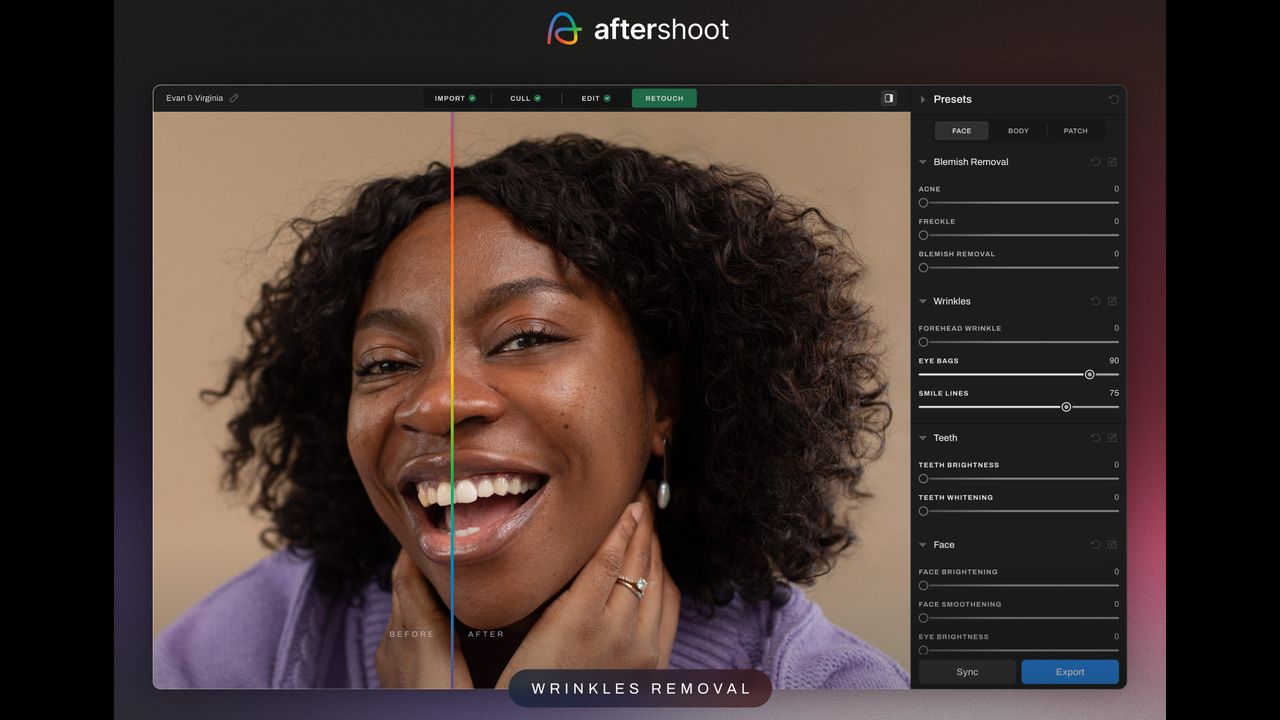 Aftershoot screenshot of portrait demonstrating the software's new AI Retouching tools