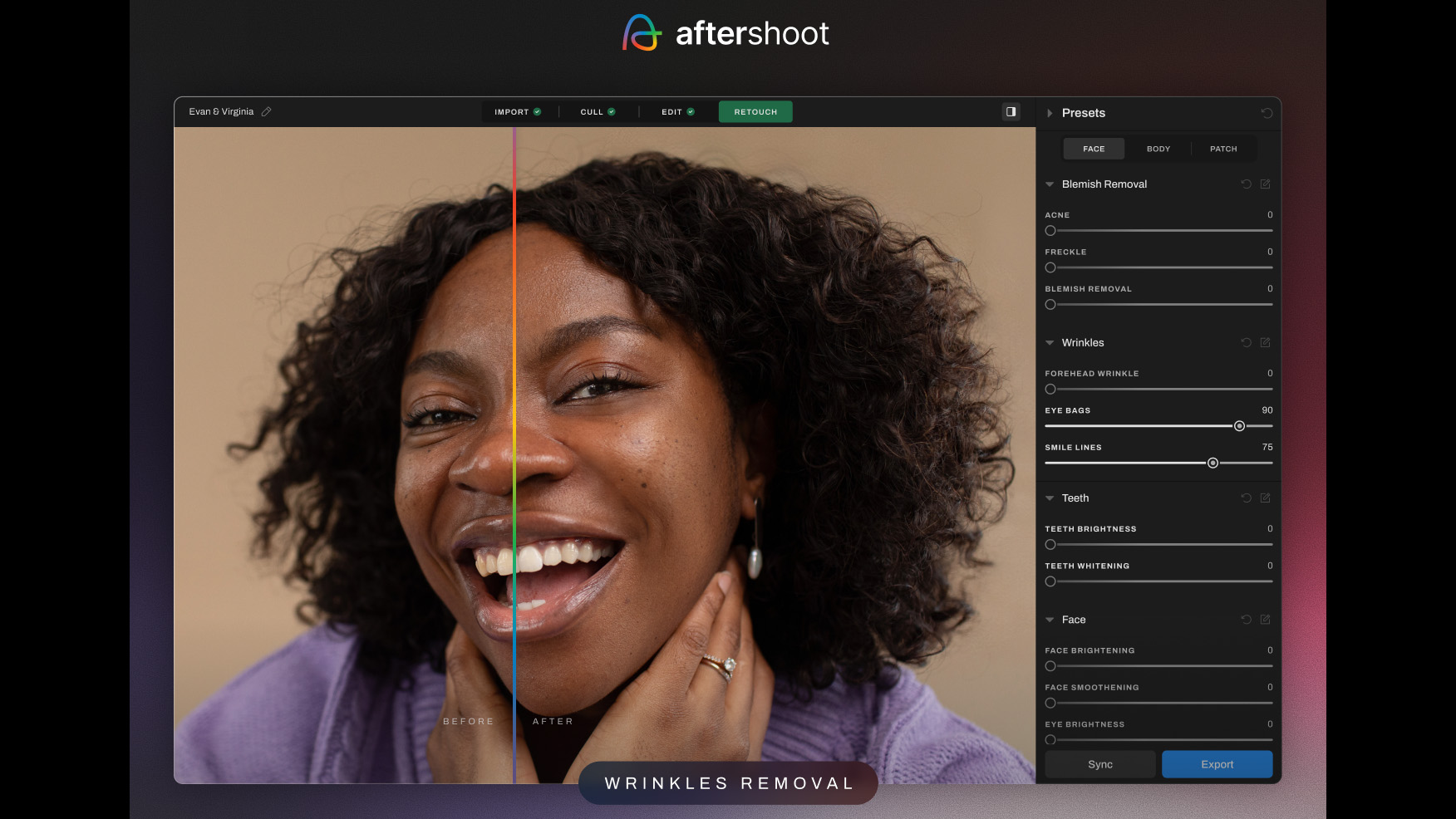 Aftershoot screenshot of portrait demonstrating the software's new AI Retouching tools