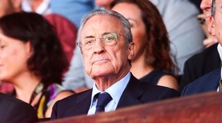 European Super League and Real Madrid Florentino Perez watches Los Blanco's LaLiga game in Girona in October 2023.