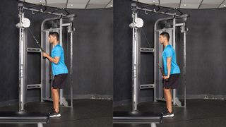 Man demonstrates two positions of the triceps press-down using a cable machine