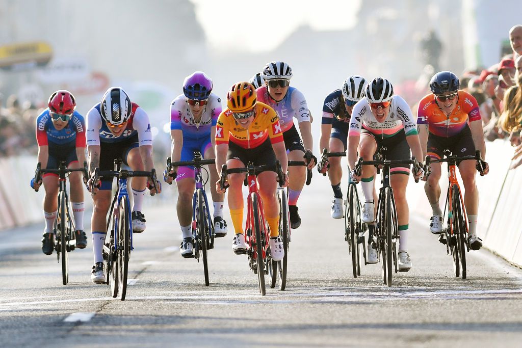 DE PANNE BELGIUM MARCH 24 LR Clara Copponi of France and Team FDJ Nouvelle Aquitaine Futuroscope Arianna Fidanza of Italy and Team BikeExchange Jayco Maaike Boogaard of Netherlands and UAE Team ADQ Femke Markus of Netherlands and Team Parkhotel Valkenburg and Lily Williams of United States and Team Human Powered Health react after cross the finishing line during the 5th Exterioo Womens Classic BruggeDe Panne 2022 a 1628km one day race from Brugge to De Panne Exteriooclassic UCIWWT on March 24 2022 in De Panne Belgium Photo by Luc ClaessenGetty Images