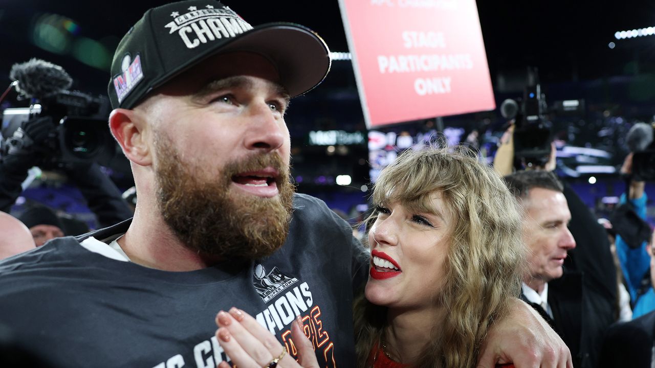 Travis Kelce and Taylor Swift celebrate the Kansas City Chiefs&#039; victory against the Baltimore Ravens in the AFC Championship Game at M&amp;T Bank Stadium on January 28, 2024 in Baltimore, Maryland.