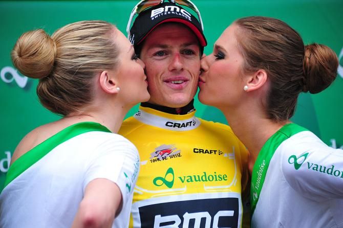 Podium kisses for overall leader Mathias Frank (BMC)